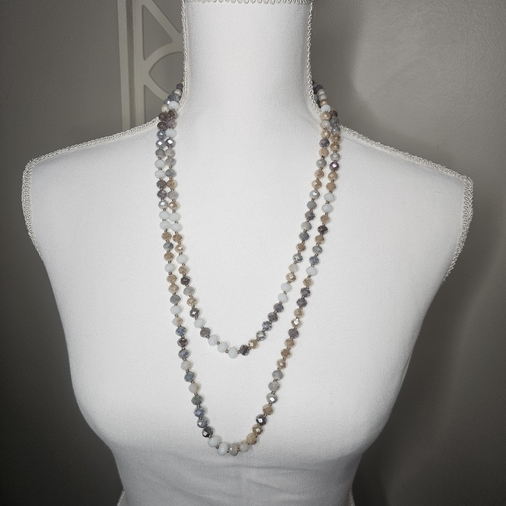 NINE 60” Faceted Glass Bead Necklace – Neutral Multi Wrap